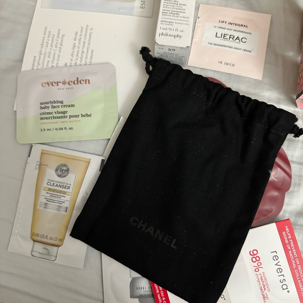 Luxury samples with chanel drawstring pouch